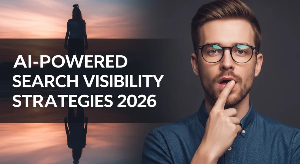 A promotional image featuring a thoughtful man in glasses next to a silhouette of a woman standing by the water at sunset. The overlay text reads: AI-POWERED SEARCH VISIBILITY STRATEGIES 2026.