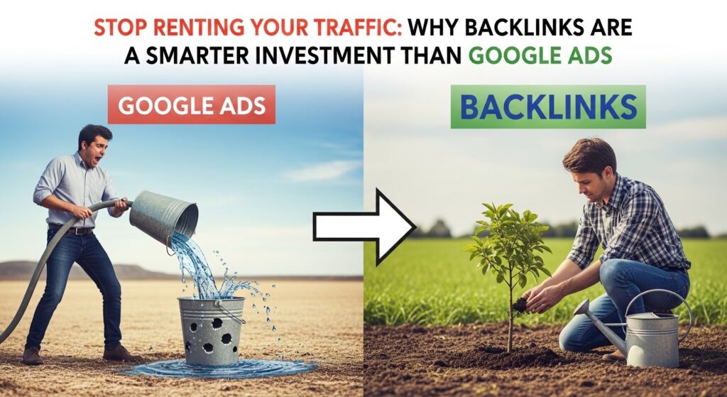 Man pouring water into a leaking bucket labeled Google Ads contrasted with man planting and watering a tree labeled Backlinks, illustrating long-term SEO investment versus short-term paid traffic. Why Backlinks Are a Smarter Investment
