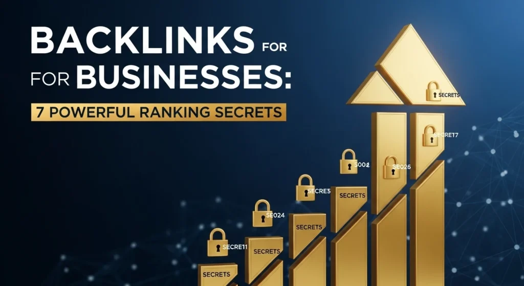 Gold rising bar chart with padlocks labeled secrets and headline “Backlinks for Businesses: 7 Powerful Ranking Secrets,” representing backlink strategies to improve business SEO rankings.
