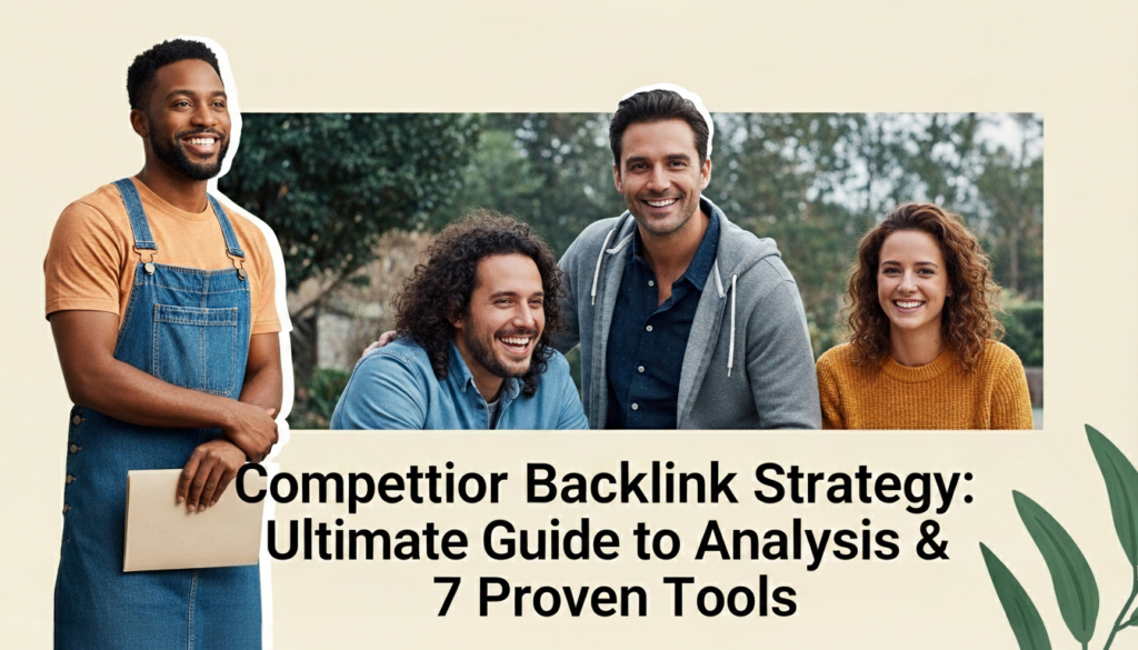 Competitor Backlink Strategy guide banner featuring four smiling professionals with the headline “Ultimate Guide to Analysis & 7 Proven Tools” displayed prominently.