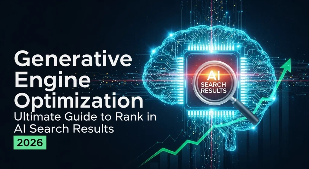A digital graphic featuring a glowing blue circuit-patterned brain and an upward trending green chart, with a magnifying glass centered on "AI Search Results." The overlaid text promotes "Generative Engine Optimization: Ultimate Guide to Rank in AI Search Results 2026."