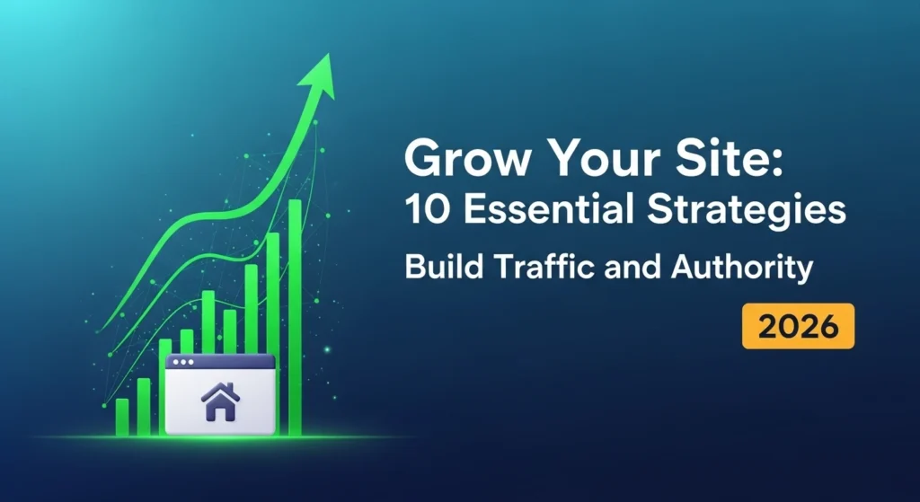 Graphic featuring a green rising line and bar chart with a browser icon, symbolizing website growth and traffic strategies. The overlaying text reads: "Grow Your Site: 10 Essential Strategies," "Build Traffic and Authority," and "2026."
