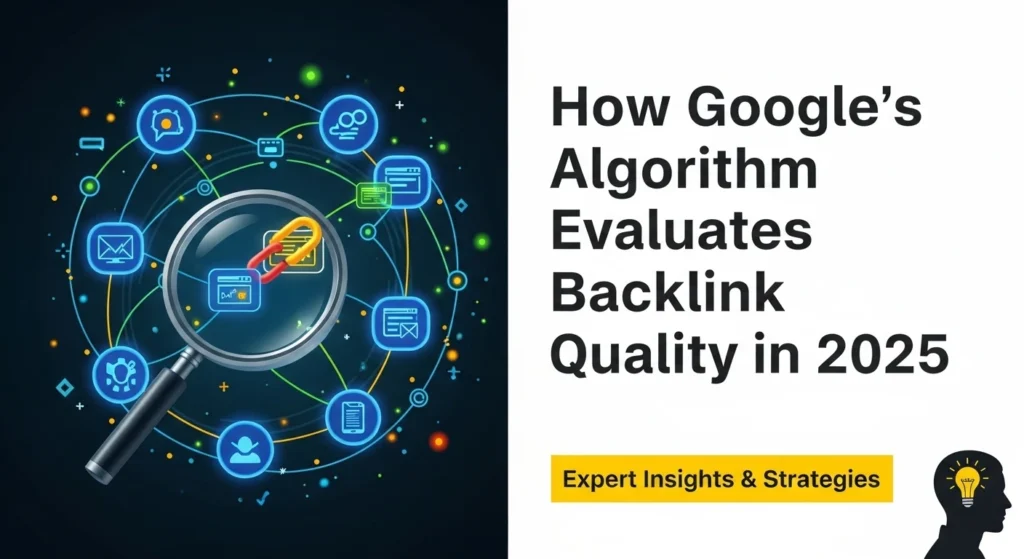 Illustration showing how Google’s algorithm evaluates backlink quality in 2025, featuring a magnifying glass over a chain link surrounded by digital marketing and SEO icons.