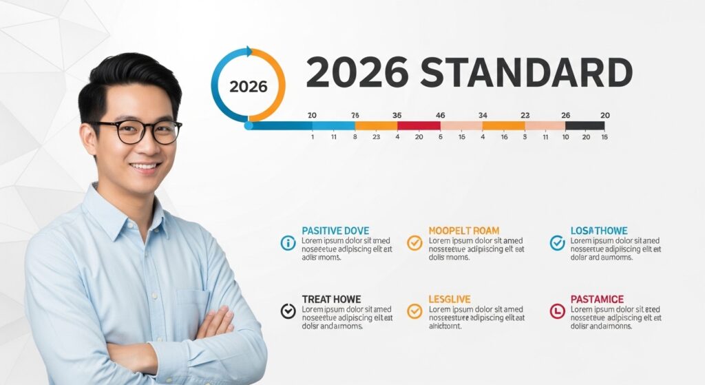 Smiling professional man standing beside infographic titled “2026 Standard” with performance timeline and labeled metrics, representing high-quality do-follow backlinks standards for 2026 SEO.