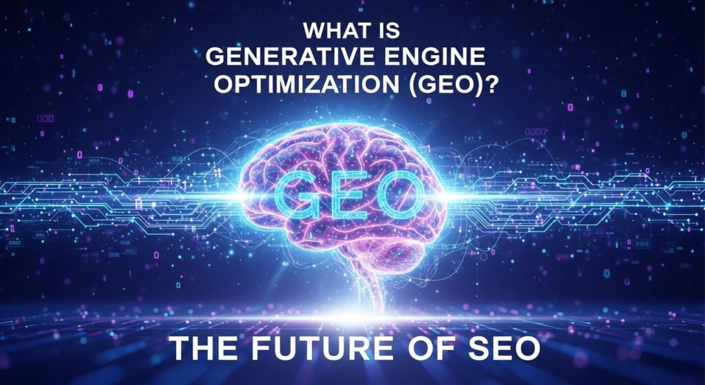 Futuristic digital brain with glowing circuits and the word GEO, headline reading “What Is Generative Engine Optimization (GEO)? The Future of SEO,” representing Generative Engine Optimization and AI-driven search