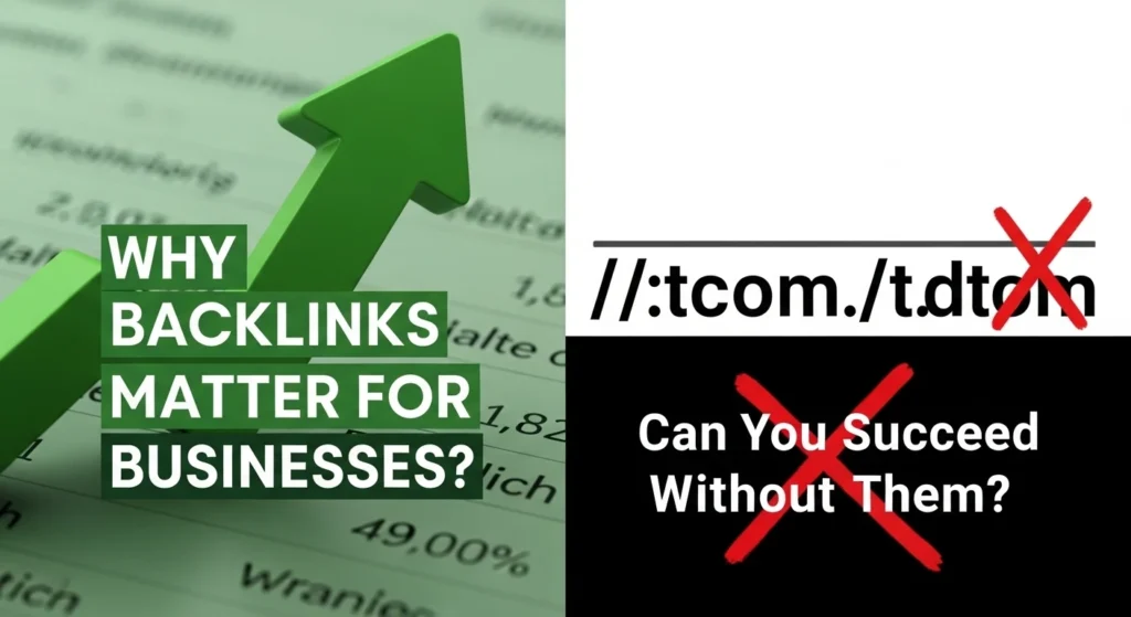 Green upward arrow with text “Why Backlinks Matter for Businesses?” and crossed-out website URL graphic asking “Can You Succeed Without Them?”, illustrating the importance of backlinks for business SEO success.