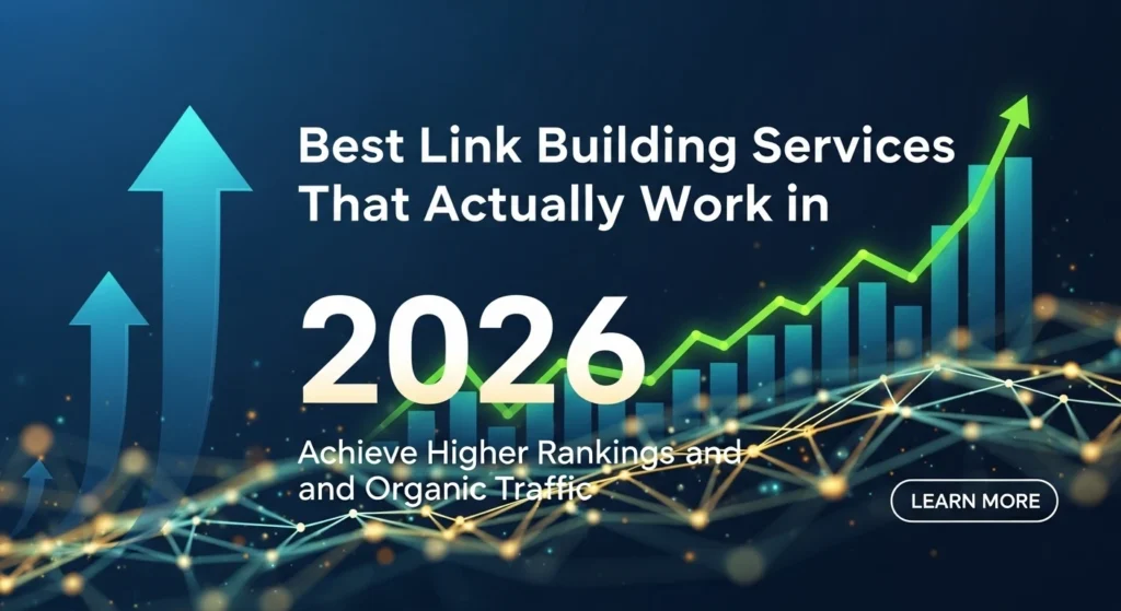Best Link Building Services 2026 banner featuring upward growth arrows, SEO performance chart, and organic traffic increase concept for higher Google rankings