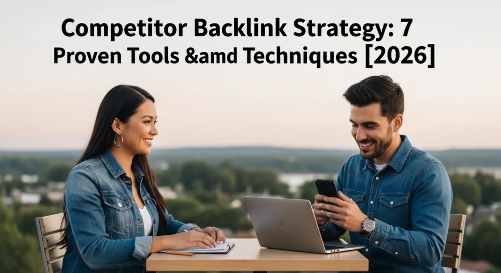 Competitor Backlink Strategy 2026 showing two marketers analyzing backlinks on laptop and smartphone outdoors with headline about proven tools and techniques