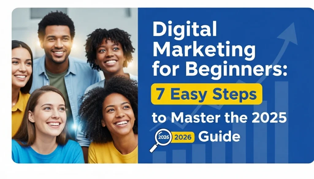 A promotional graphic banner featuring a diverse group of four smiling young adults looking upward. The group occupies the left side. The blue right-hand panel contains the following bold text: "Digital Marketing for Beginners: 7 Easy Steps to Master the 2025 Guide." The text is arranged with "7 Easy Steps" highlighted in a yellow rectangular label. Below "Master the 2025," there is a graphic element of a magnifying glass with the year "2026" inside its lens, positioned next to a yellow label that also reads "2026." A stylized blue rising graph and arrow icon is visible behind the text.