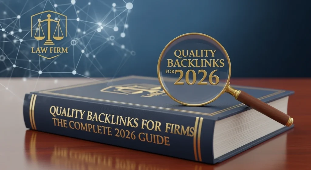 Quality Backlinks for Law Firms guide 2026 with law book and magnifying glass highlighting high-authority legal link building strategy